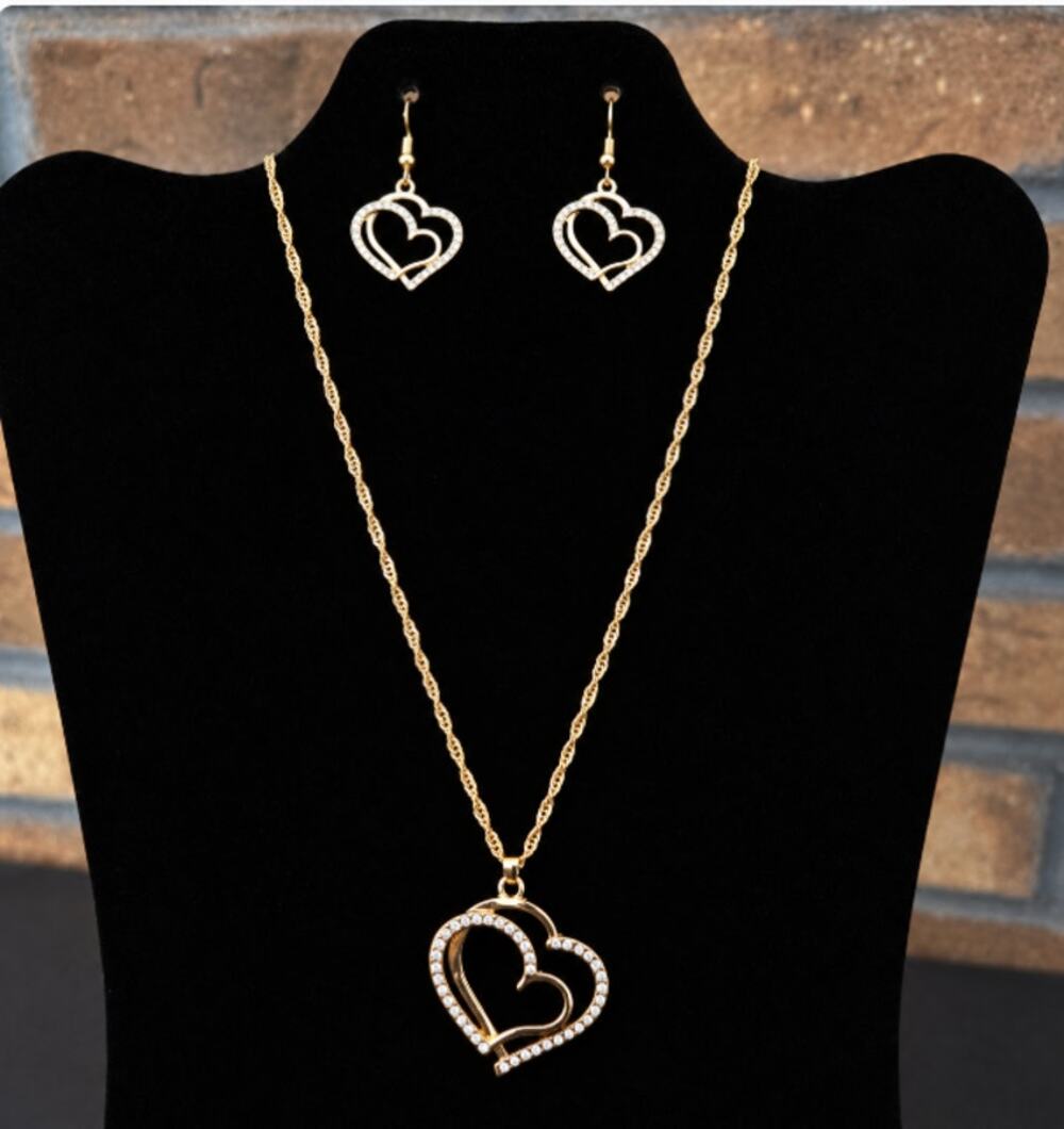 Gold Tone Double Heart Necklace and Earring Set with Rhinestones